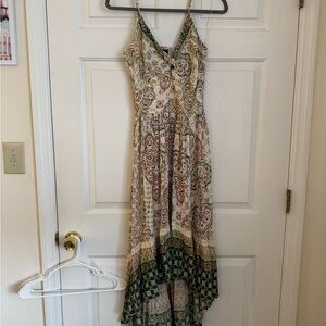 Angie High Low Dress with Green and Cream Floral Pattern